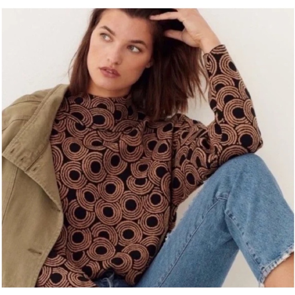 Anthropologie The Carys Mock-Neck Sweater Geo Black/Camel Swirl Pattern Size XS